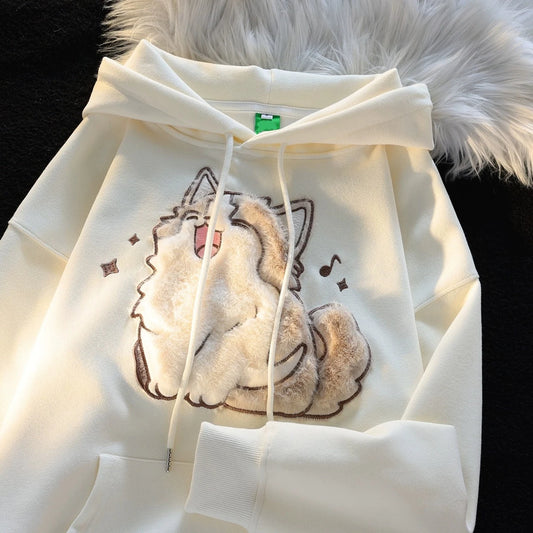 2023 Korean Autumn Winter Cute Cartoon Street Embroidery Design Cat Print Pullover Hoodies Women Men Trend Loose Couples Clothes